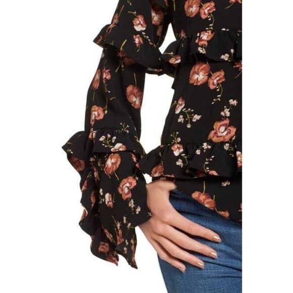 BP. Nordstrom Floral Print Tiered Ruffle Oversized Blouse XXS 00 Black Boho - Picture 5 of 7